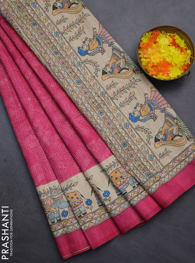 Semi tussar saree pink and beige with allover prints and mandhubani printed pallu