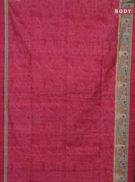 Semi tussar saree pink and beige with allover prints and mandhubani printed pallu