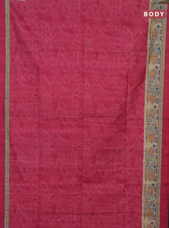 Semi tussar saree pink and beige with allover prints and mandhubani printed pallu
