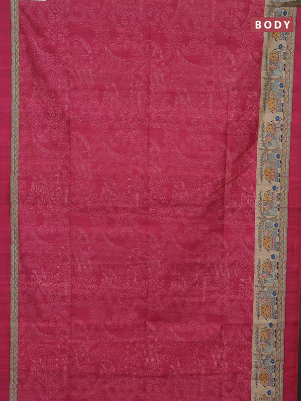 Semi tussar saree pink and beige with allover prints and mandhubani printed pallu