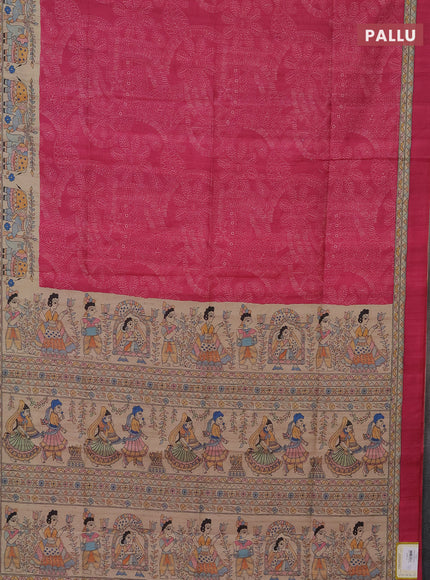 Semi tussar saree pink and beige with allover prints and mandhubani printed pallu