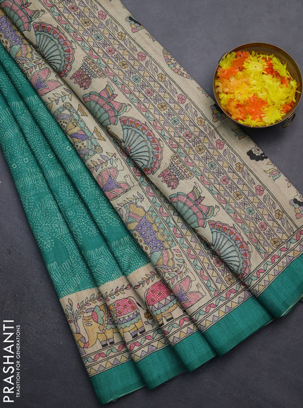 Semi tussar saree green and beige with allover prints and mandhubani printed pallu