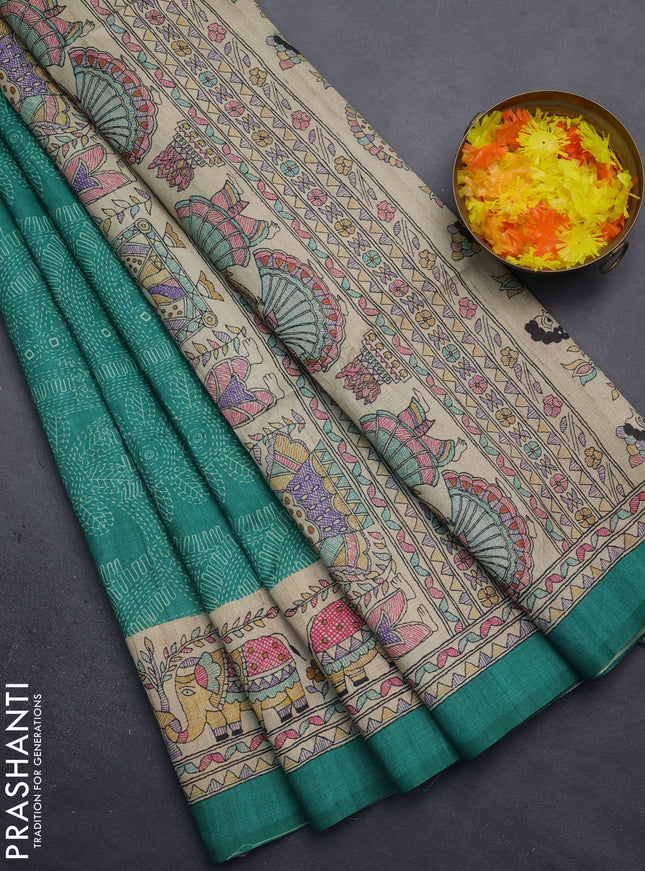 Semi tussar saree green and beige with allover prints and mandhubani printed pallu
