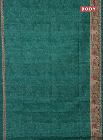 Semi tussar saree green and beige with allover prints and mandhubani printed pallu