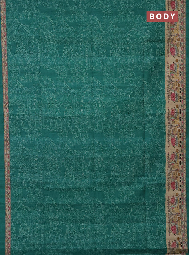 Semi tussar saree green and beige with allover prints and mandhubani printed pallu
