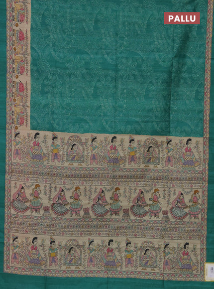 Semi tussar saree green and beige with allover prints and mandhubani printed pallu