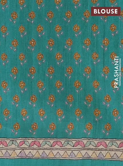 Semi tussar saree green and beige with allover prints and mandhubani printed pallu