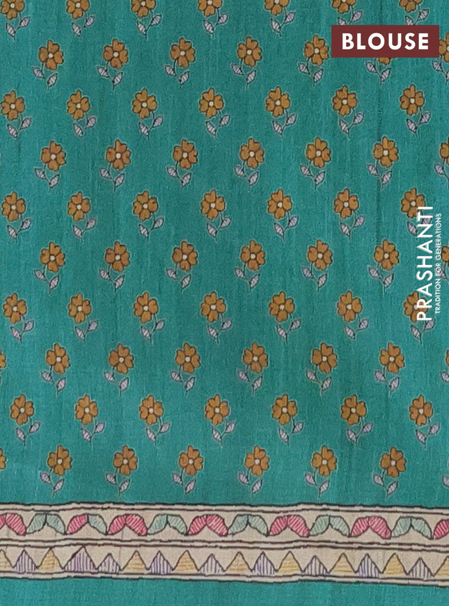 Semi tussar saree green and beige with allover prints and mandhubani printed pallu