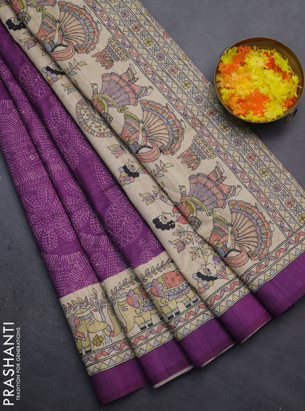 Semi tussar saree purple and beige with allover prints and mandhubani printed pallu