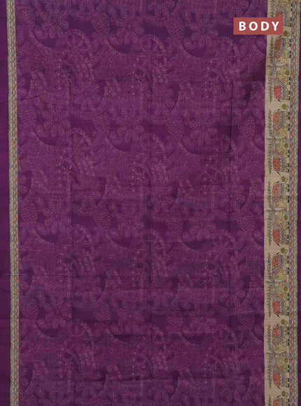 Semi tussar saree purple and beige with allover prints and mandhubani printed pallu