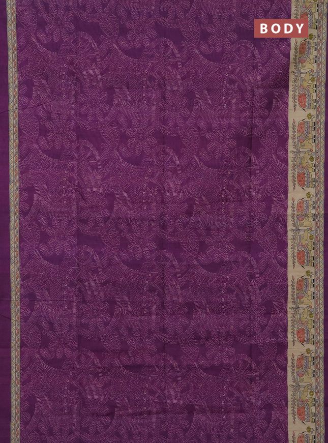 Semi tussar saree purple and beige with allover prints and mandhubani printed pallu