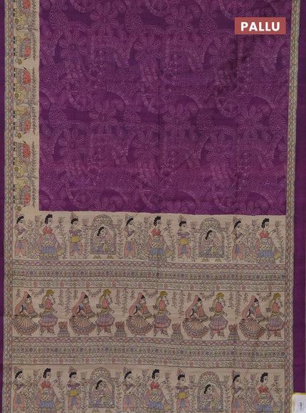 Semi tussar saree purple and beige with allover prints and mandhubani printed pallu