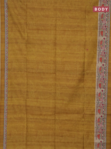 Semi tussar saree mustard yellow and beige with allover prints and mandhubani printed pallu