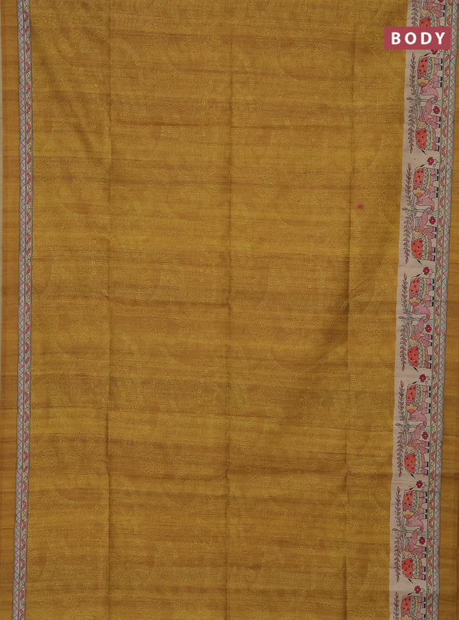 Semi tussar saree mustard yellow and beige with allover prints and mandhubani printed pallu