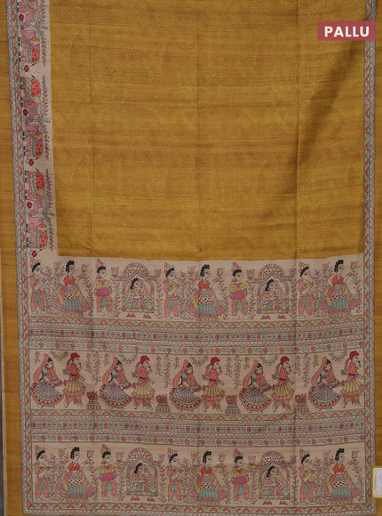 Semi tussar saree mustard yellow and beige with allover prints and mandhubani printed pallu
