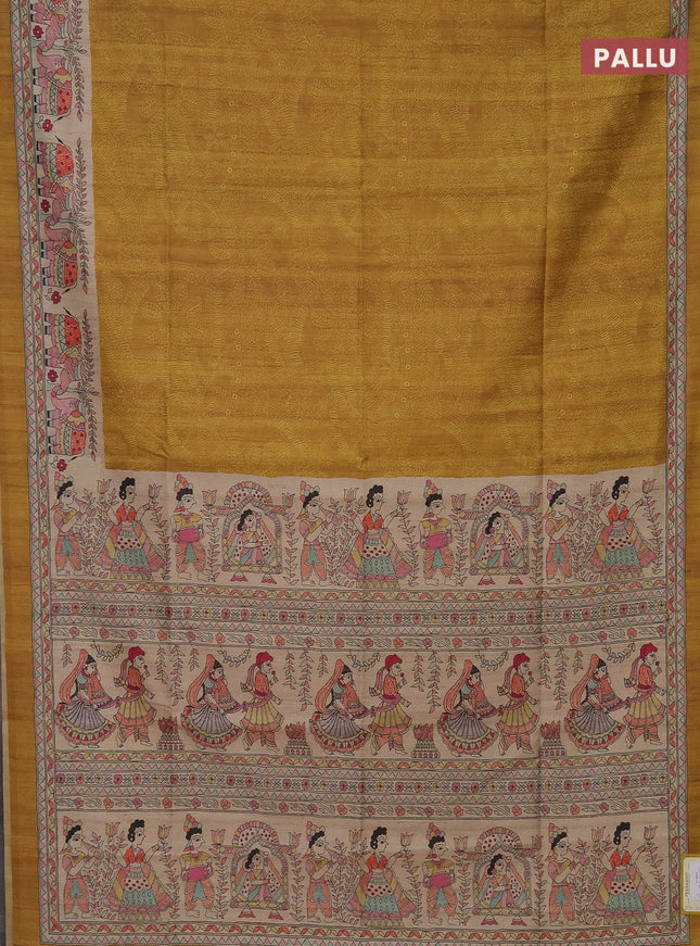 Semi tussar saree mustard yellow and beige with allover prints and mandhubani printed pallu
