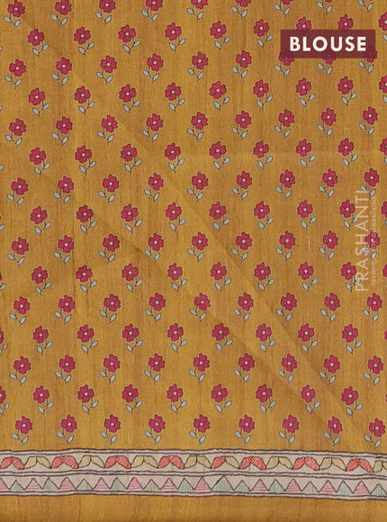 Semi tussar saree mustard yellow and beige with allover prints and mandhubani printed pallu