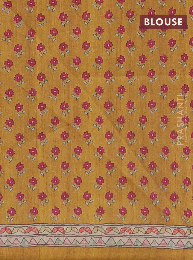 Semi tussar saree mustard yellow and beige with allover prints and mandhubani printed pallu
