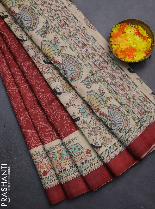 Semi tussar saree maroon and beige with allover prints and mandhubani printed pallu