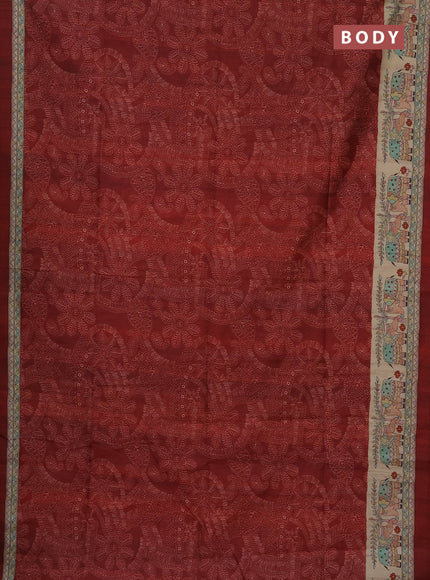 Semi tussar saree maroon and beige with allover prints and mandhubani printed pallu