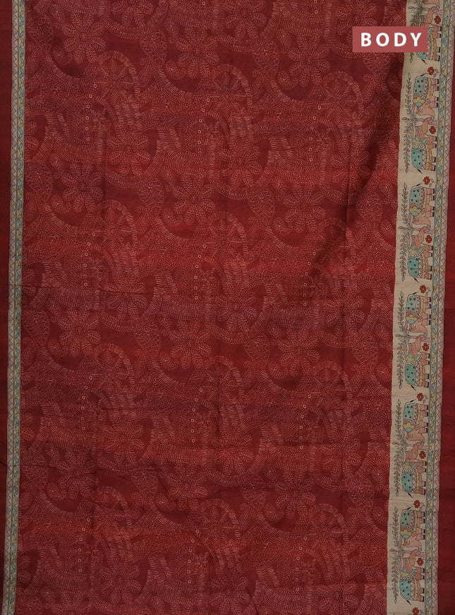 Semi tussar saree maroon and beige with allover prints and mandhubani printed pallu