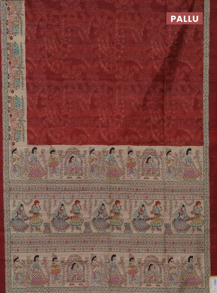 Semi tussar saree maroon and beige with allover prints and mandhubani printed pallu