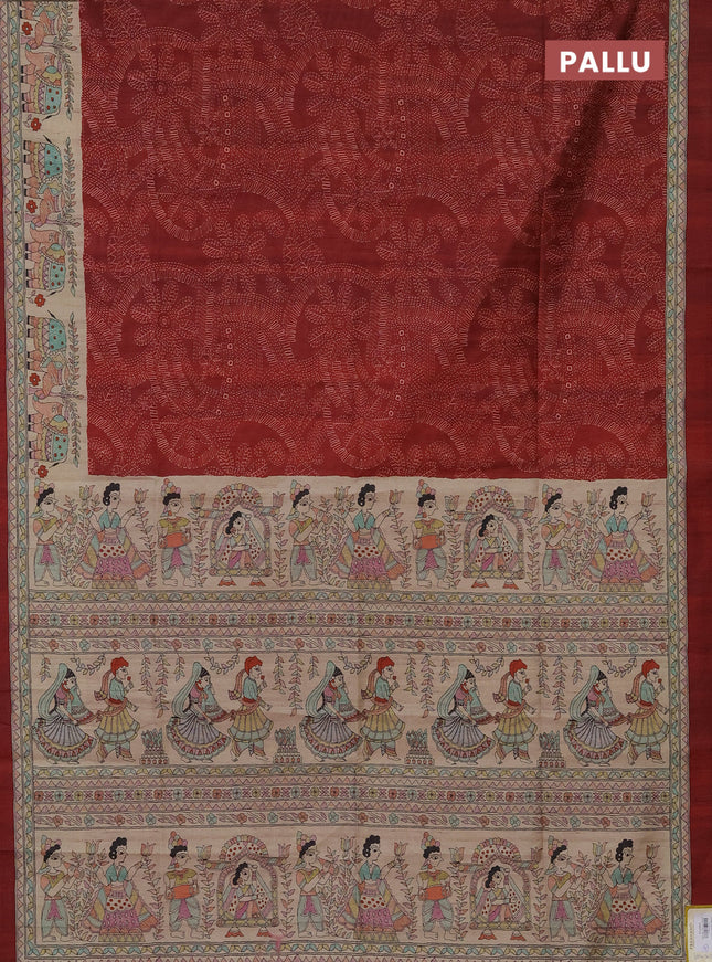 Semi tussar saree maroon and beige with allover prints and mandhubani printed pallu