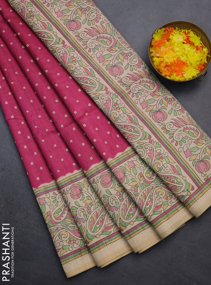 Semi tussar saree dark magenta pink and sandal with bandhini butta prints and printed border
