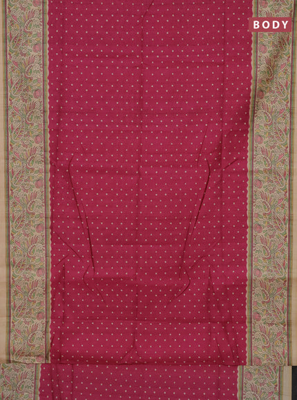 Semi tussar saree dark magenta pink and sandal with bandhini butta prints and printed border