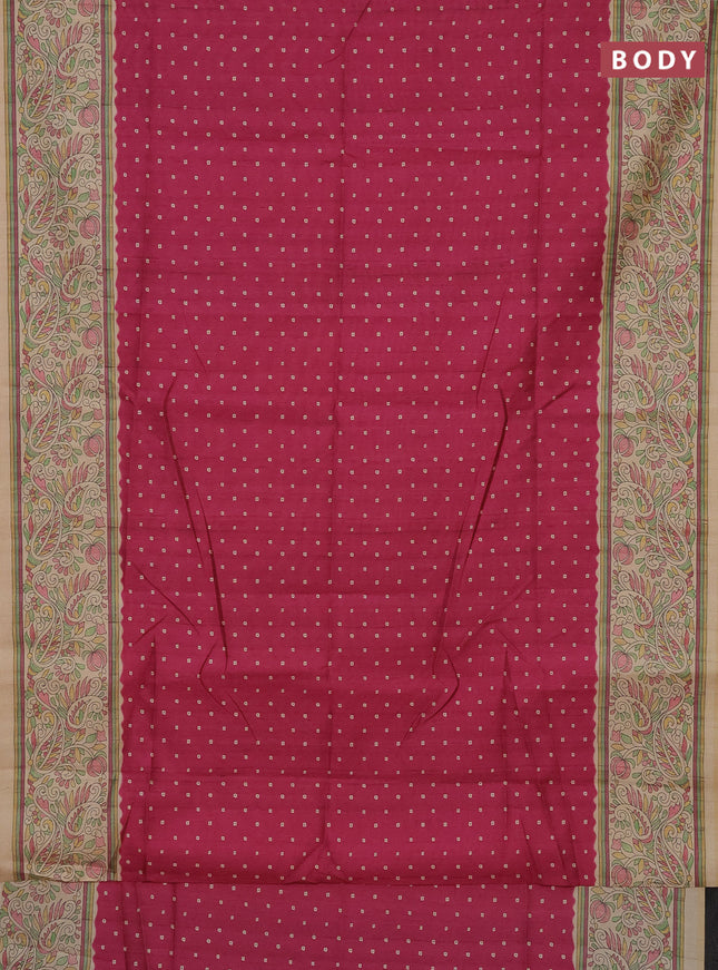 Semi tussar saree dark magenta pink and sandal with bandhini butta prints and printed border