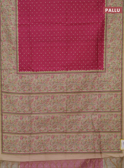 Semi tussar saree dark magenta pink and sandal with bandhini butta prints and printed border