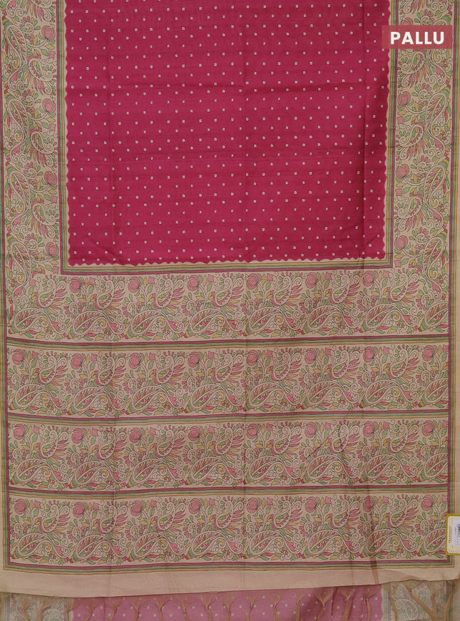 Semi tussar saree dark magenta pink and sandal with bandhini butta prints and printed border