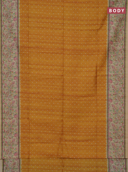 Semi tussar saree mustard yellow and sandal with bandhini butta prints and printed border