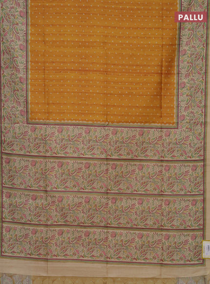 Semi tussar saree mustard yellow and sandal with bandhini butta prints and printed border