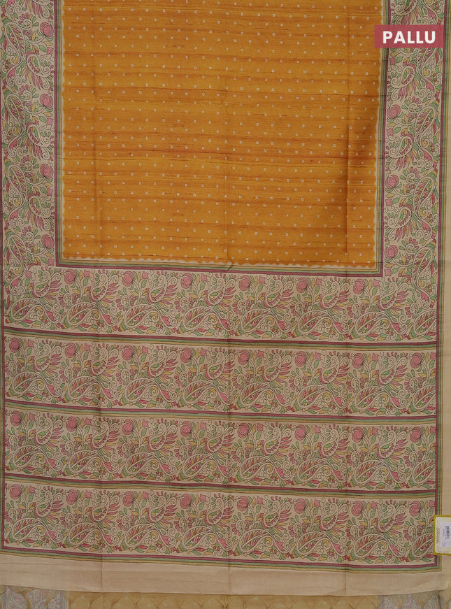 Semi tussar saree mustard yellow and sandal with bandhini butta prints and printed border