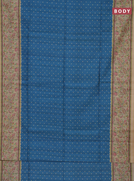 Semi tussar saree cs blue and sandal with bandhini butta prints and printed border
