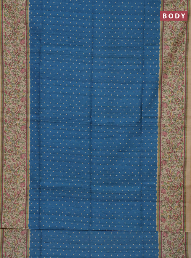 Semi tussar saree cs blue and sandal with bandhini butta prints and printed border