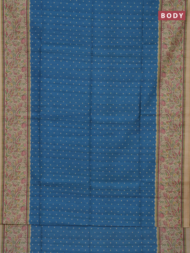 Semi tussar saree cs blue and sandal with bandhini butta prints and printed border