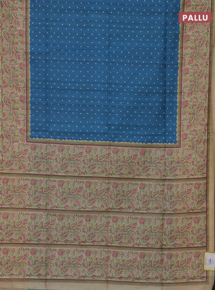 Semi tussar saree cs blue and sandal with bandhini butta prints and printed border