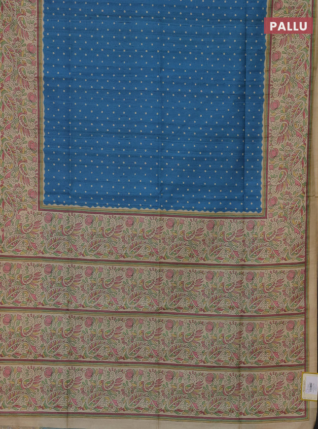 Semi tussar saree cs blue and sandal with bandhini butta prints and printed border