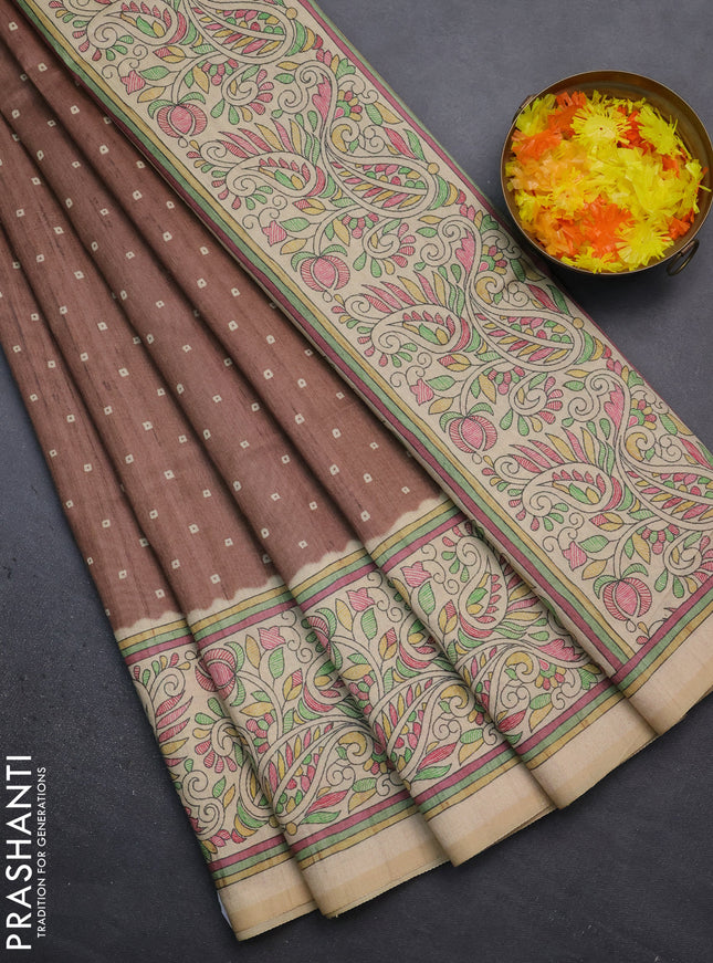 Semi tussar saree brown and sandal with bandhini butta prints and printed border