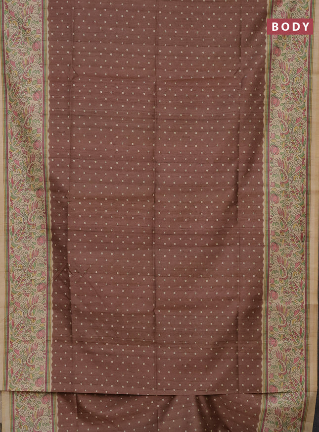 Semi tussar saree brown and sandal with bandhini butta prints and printed border