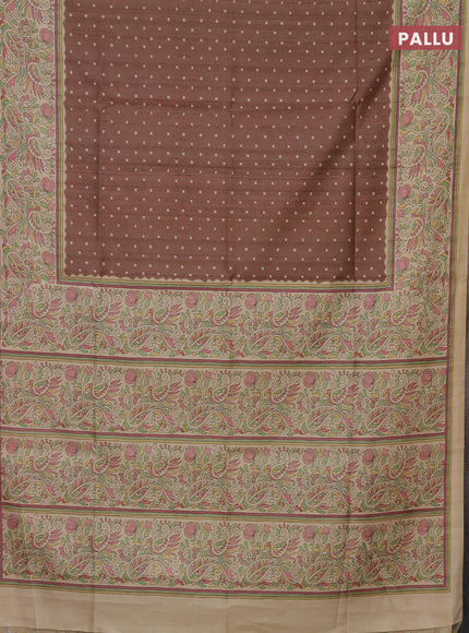 Semi tussar saree brown and sandal with bandhini butta prints and printed border