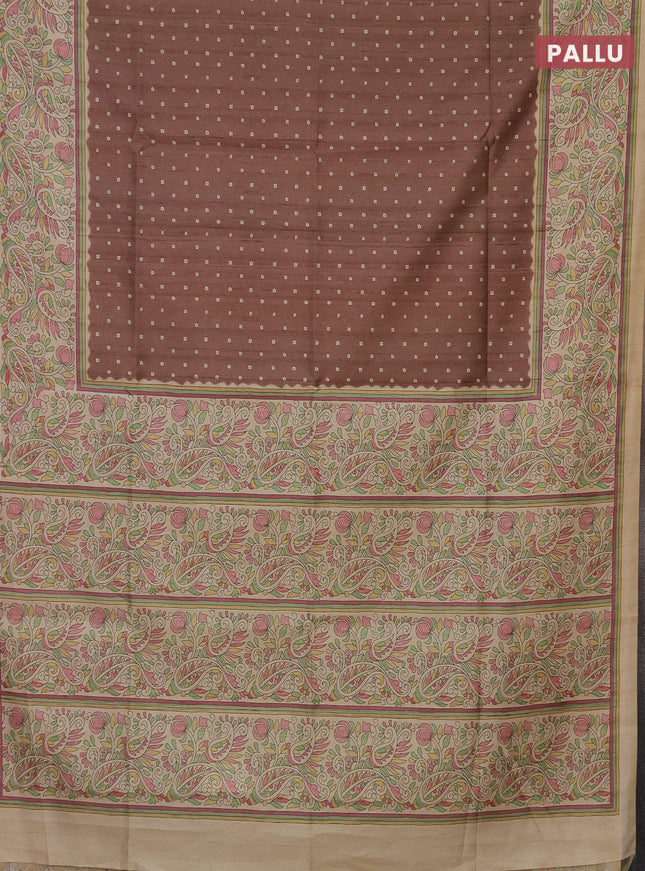 Semi tussar saree brown and sandal with bandhini butta prints and printed border