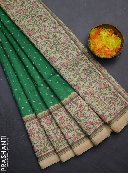 Semi tussar saree green and sandal with bandhini butta prints and printed border