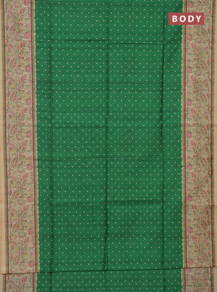 Semi tussar saree green and sandal with bandhini butta prints and printed border