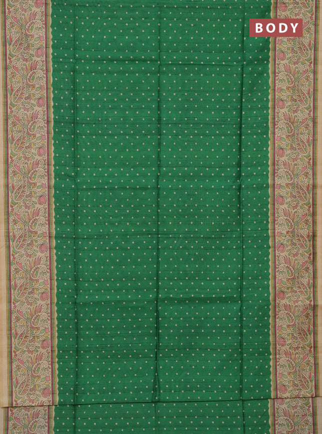 Semi tussar saree green and sandal with bandhini butta prints and printed border