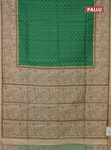 Semi tussar saree green and sandal with bandhini butta prints and printed border