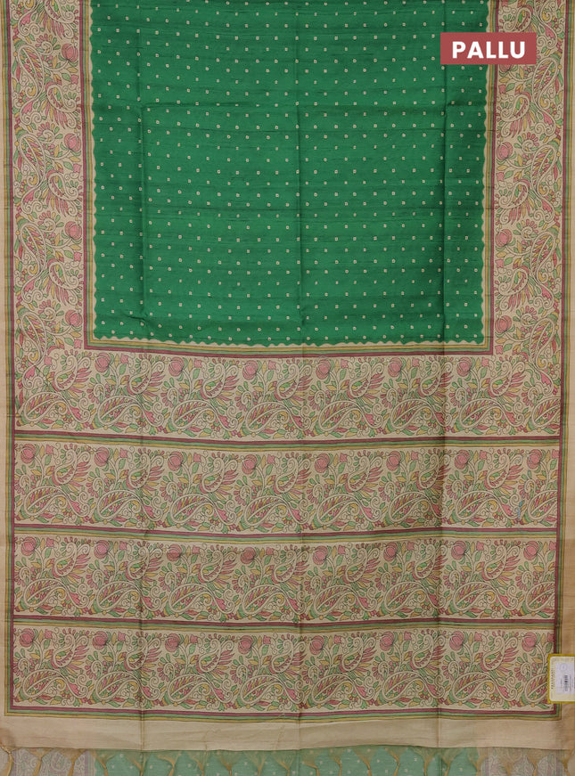 Semi tussar saree green and sandal with bandhini butta prints and printed border
