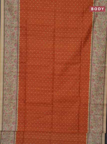 Semi tussar saree orange and sandal with bandhini butta prints and printed border